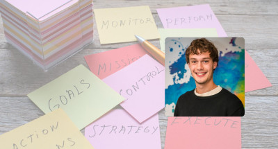tom cumberland graduate planner headshot overlaid onto post it notes saying professional phrases