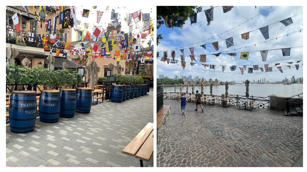 dual image of Trafalgar Tavern a riverside setting with flag bunting